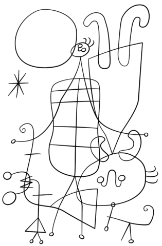 Figures And Dog In Front Of The Sun By Joan Miro Coloring Page